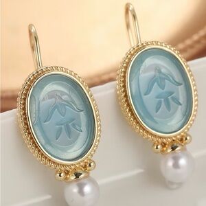 Elegant Gold and Blue Earrings with Pearl Drop